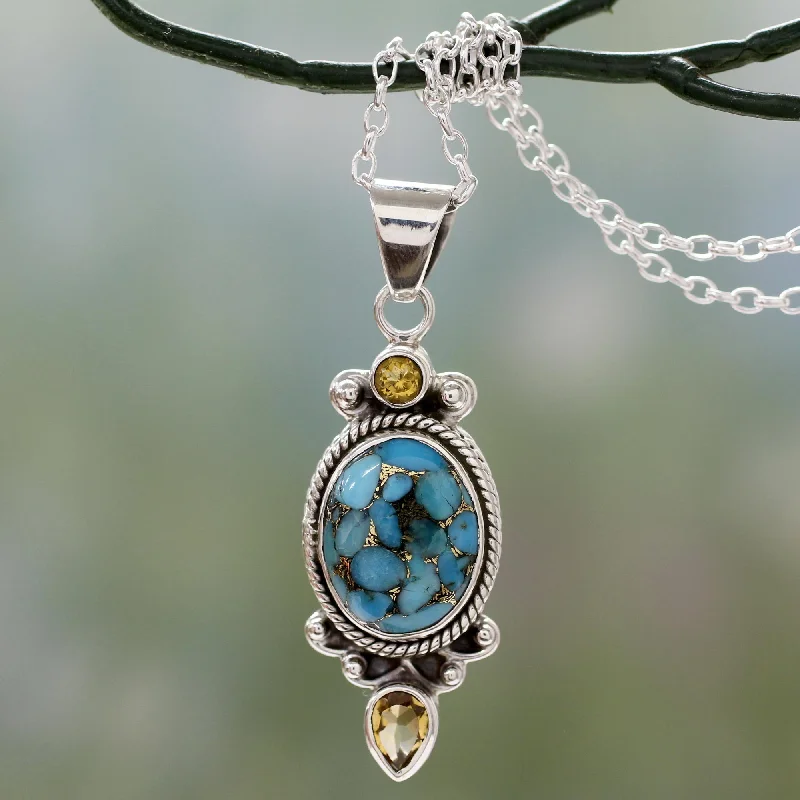 Trendy Minimalist Jewelry For Everyday Wear Resplendent in Blue Silver Pendant Necklace with Citrine and Composite Turquoise
