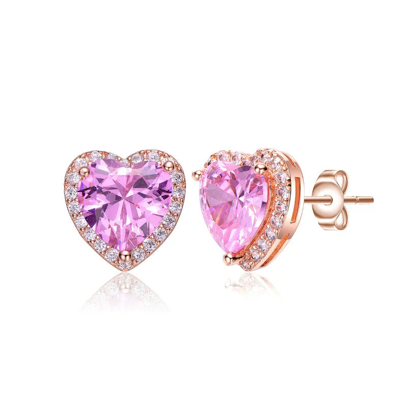 Personalized Jewelry At Special Discount Rates Sterling Silver 18K Rose Plated with Pink Cubic Zirconia Heart Stud Earrings