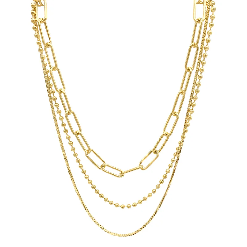 Must-Have Jewelry Pieces At Reduced Prices 14k Gold Plated Box Chain, Ball Chain, and Oversized Paper Clip Chain Necklace Set