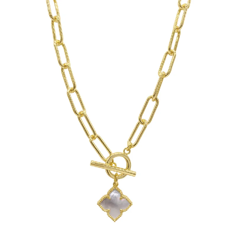 Elegant Jewelry, Exclusive Prices – Shop Now 14k Gold Plated Flower White Mother of Pearl Paper Clip Chain Toggle Necklace