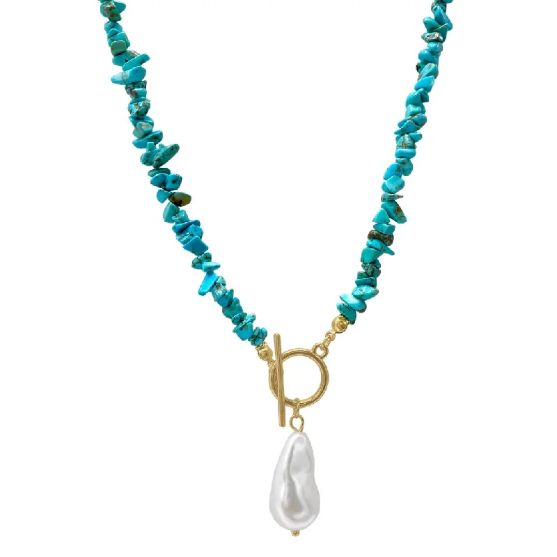Shop Handcrafted Jewelry At Special Promotional Rates Multi Shape Turquoise Stone Toggle Necklace gold with Pearl Pendant