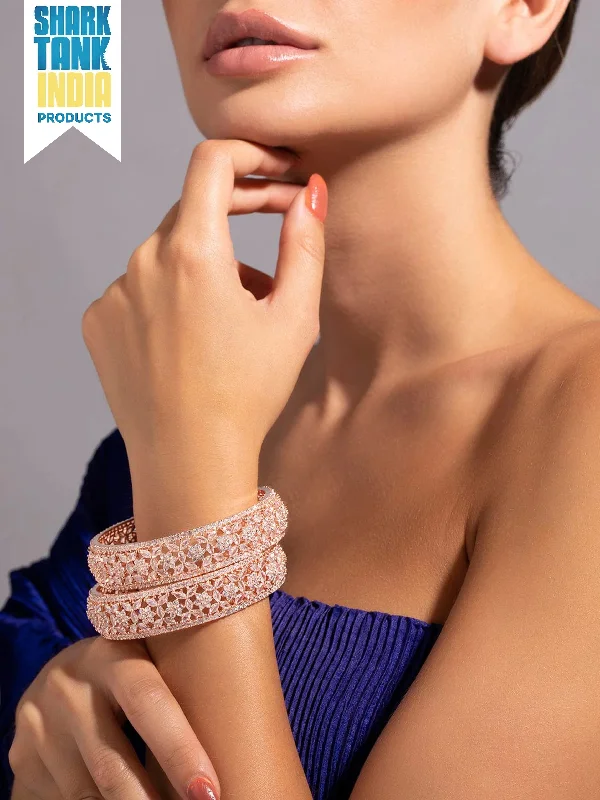 Unmissable Jewelry Sale – Shop Before It's Too Late Rubans Set of 2 Rose Gold Plated Zirconia Stone Studded Bangles